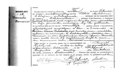Geboorteakte van Romania Vervaeke, Lichtervelde 1 februari 1915