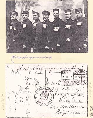 Postkaart verstuurd door krijgsgevangenen naar 'Herberg 't Paradijs, Izegem 12 maart 1917