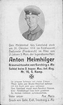 Bidprentje van Duitse soldaat Anton Heimhilger, Dadizele 30 oktober 1914