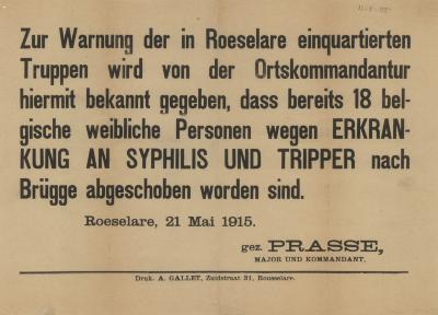 Bericht verhuis naar Brugge wegens geslachtsziekten, 21 september 1915