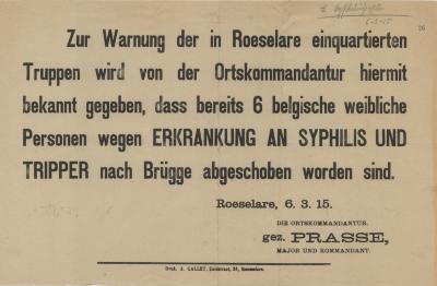 Bericht verhuis naar Brugge wegens geslachtsziekten, 6 maart 1915