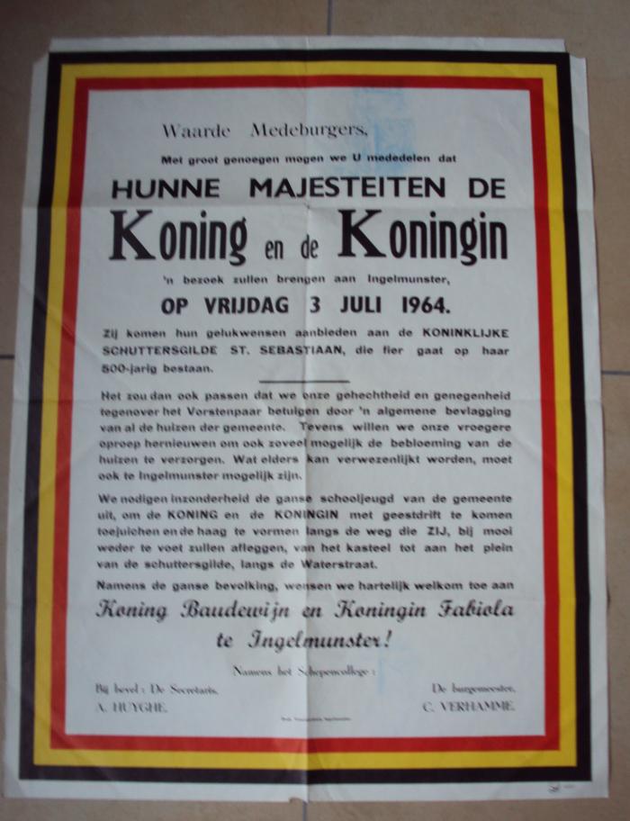 Aankondiging koninklijk bezoek, Ingelmunster, 1964
