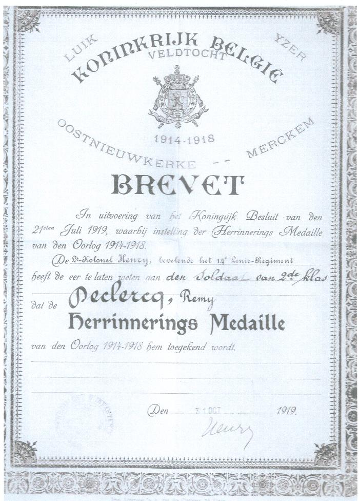 Herinneringsmedaille 1914-1918 Remy Declercq