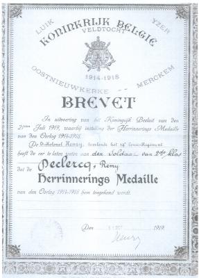 Herinneringsmedaille 1914-1918 Remy Declercq