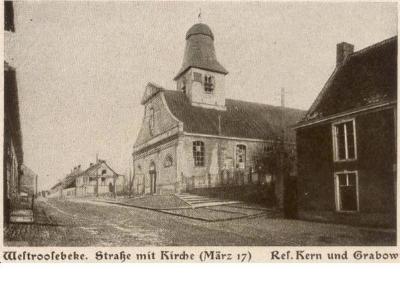 Kerk en straat Westrozebeke, maart 1917