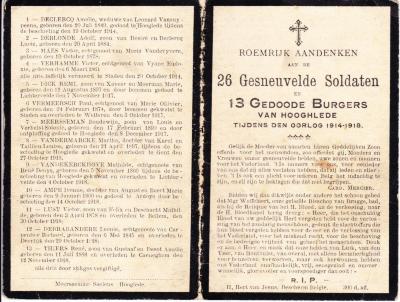 Bidprentjes gesneuvelde soldaten en gedode burgers, 1918, Hooglede