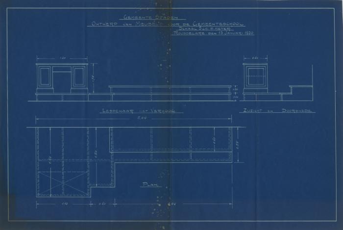 Ontwerp van meubels voor de gemeenteschool in Staden, Roeselare, 13 januari 1930