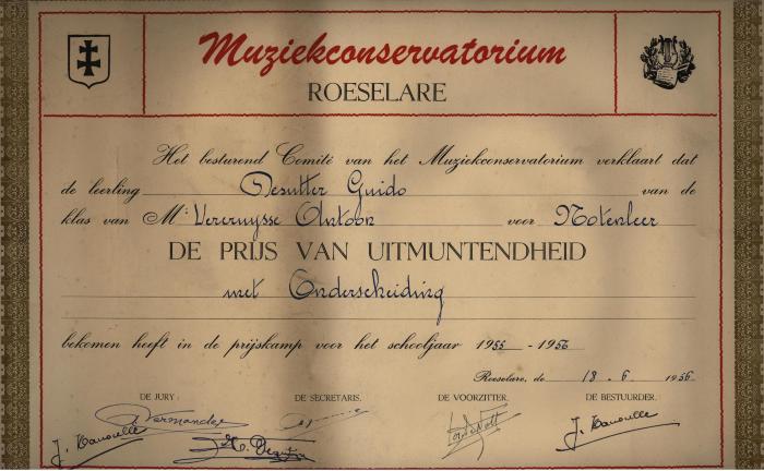 Prijs van uitmuntendheid met onderscheiding muziekconservatorium 1956