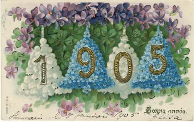 Beeldzijde nieuwjaarskaart, overvloed geluksbrengers,  1905