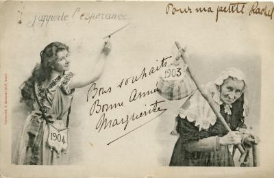 Beeldzijde nieuwjaarskaart, jonge en oude vrouw, 1904