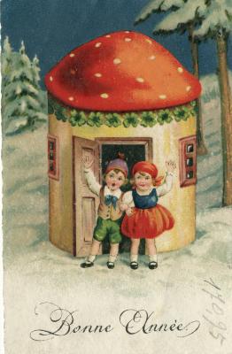 Beeldzijde nieuwjaarskaart, kinderen voor paddenstoelenhuisje
