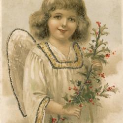 Beeldzijde kerstkaart, lachende engel met hulsttak
