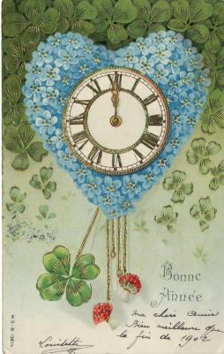Beeldzijde nieuwjaarskaart, klok in hart van vergeet-mij-nietjes, 1903