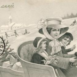 Beeldzijde nieuwjaarskaart, dame met kinderen in auto, 1912