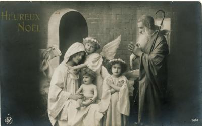Beeldzijde kerstkaart, fotokaart stalletje Betlehem, 1912