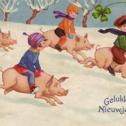 Beeldzijde nieuwjaarskaart, kinderen op varkentjes, 1932