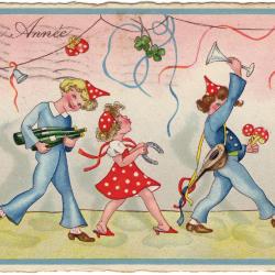 Beeldzijde nieuwjaarskaart, fuivende jongeren, 1935