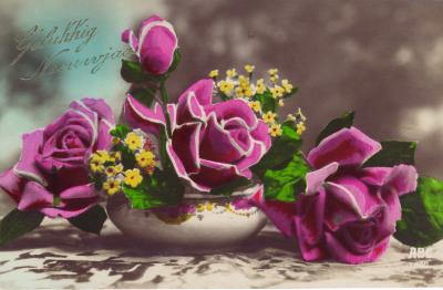 Beeldzijde nieuwjaarskaart, stilleven met bloemen, 1930