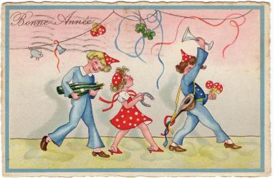 Beeldzijde nieuwjaarskaart, fuivende jongeren, 1935