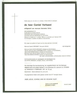Overlijdensbrief ere-burgemeester Camiel Verhaest, Staden, 1971