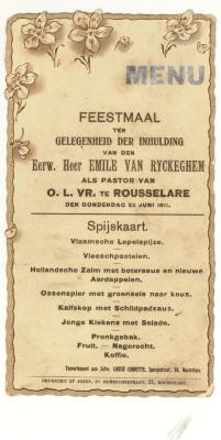 Spijskaart voor het feestmaal bij inhuldiging pastoor Emile Van Ryckeghem