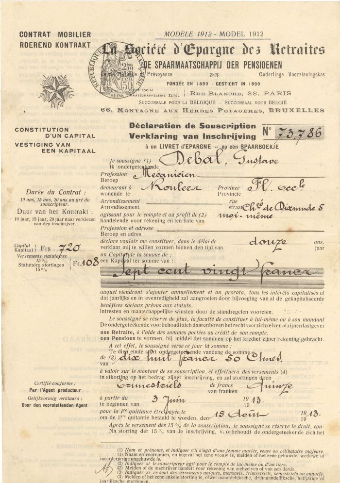 Contract spaarboekje Gustaf Debal,1913