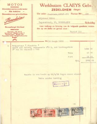 Factuur van Werkhuizen Claeys Gebr aan Gustaf Debal, 1933