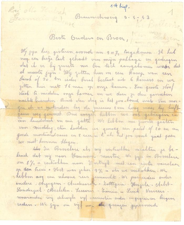 Eerste brief van Gaston Vallaey naar ouders, Braunschweig 9 april 1943