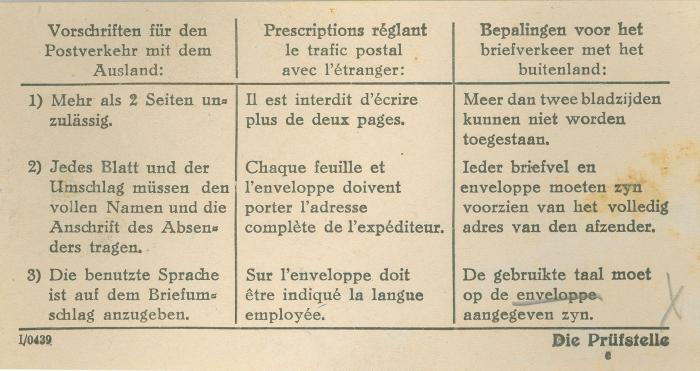 Richtlijnen voor briefwisseling naar het buitenland, Braunschweig 1943