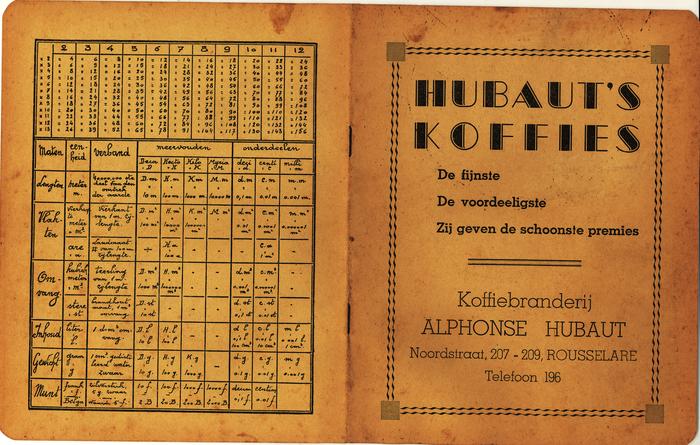 Schriftje met promotie van Hubaut's koffie Rousselare