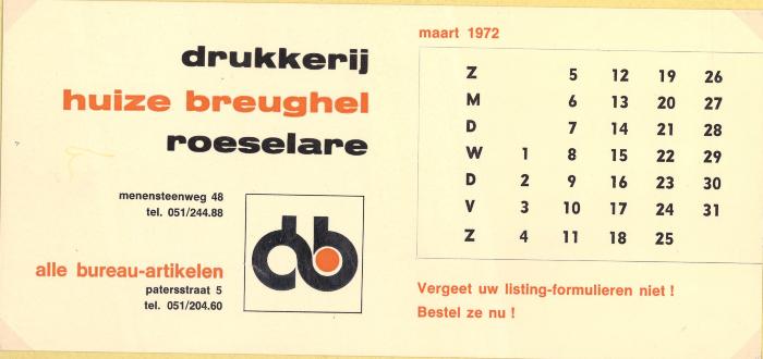 Promotiemateriaal drukkerij huize Breughel, Roeselare