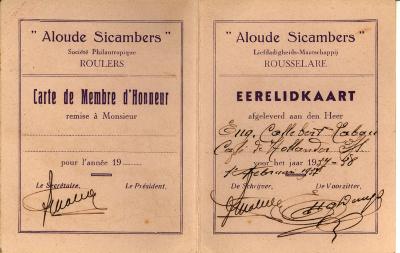 Erelidkaart "Aloude Sicambers" Roeselare 1937-38