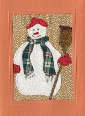 Beeldzijde kerst- en nieuwjaarskaart, sneeuwpop in patchwork