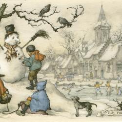 Beeldzijde nieuwjaarskaart, winterpret, Anton Pieck, 1980
