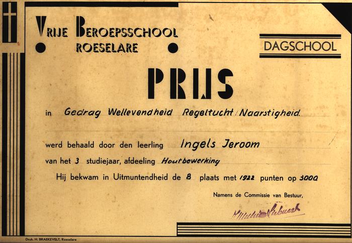 Getuigschrift dagschool Vrije Beroepsschool, Roeselare