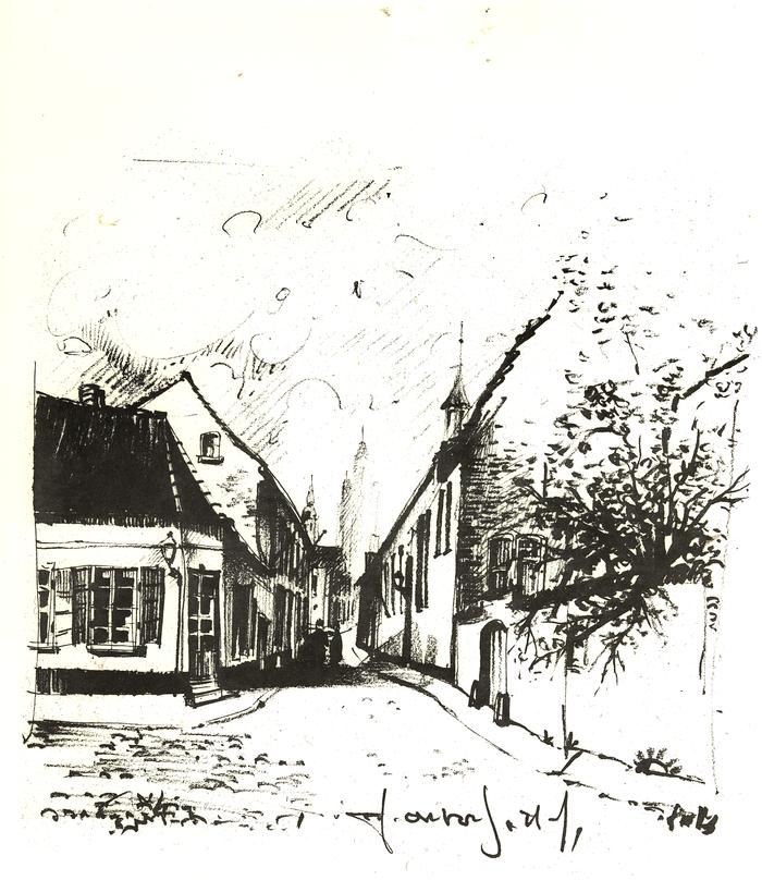Pentekening het Nonnenstraatje gezien vanaf het Polenplein, Roeselare, jaren 1950-60