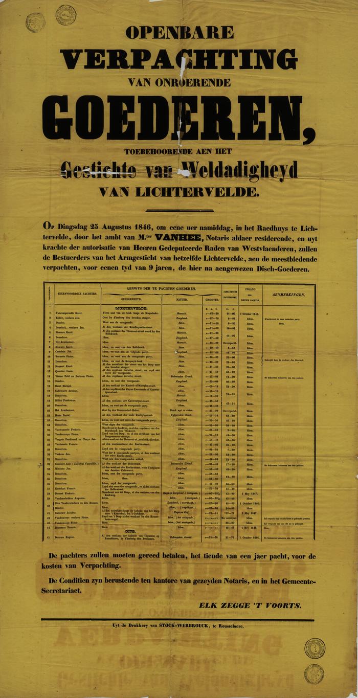 Affiche Openbare verpachting van onroerende goederen, Lichtervelde, 25 augustus 1846