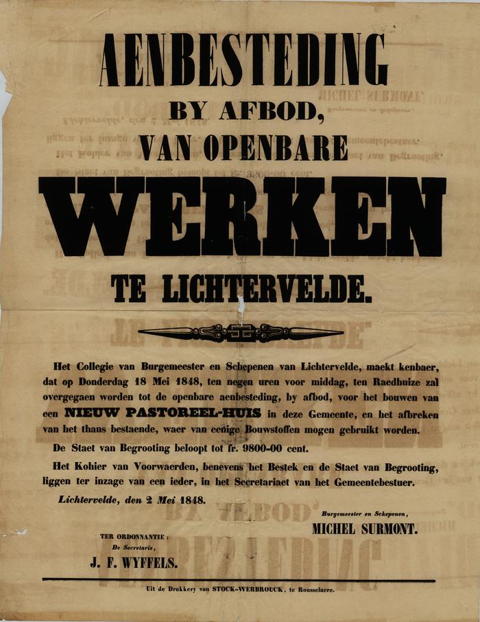 Affiche aanbesteding bij afbod van openbare werken, Lichtervelde, 2 mei 1848