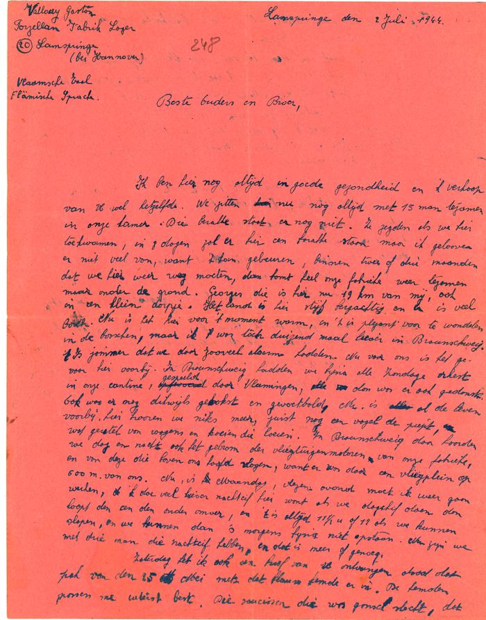 Brief van Gaston Vallaey aan ouders, Lamspringe 2 juli 1944