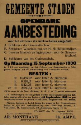 Affiche openbare aanbesteding voor werken, Staden, 16 augustus 1930