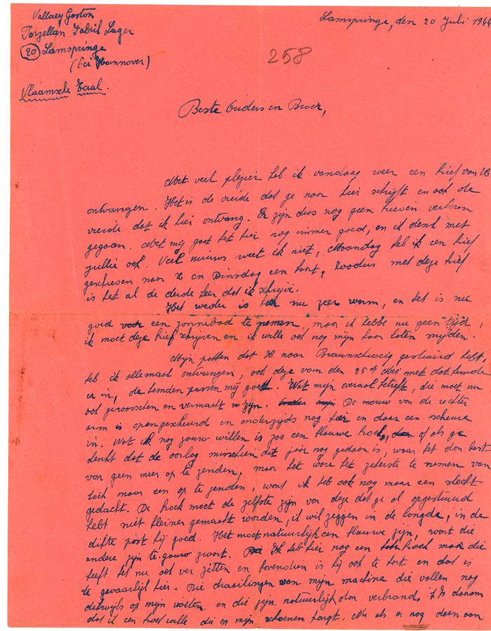 Brief van Gaston Vallaey aan ouders, Lamspringe 20 juli 1944