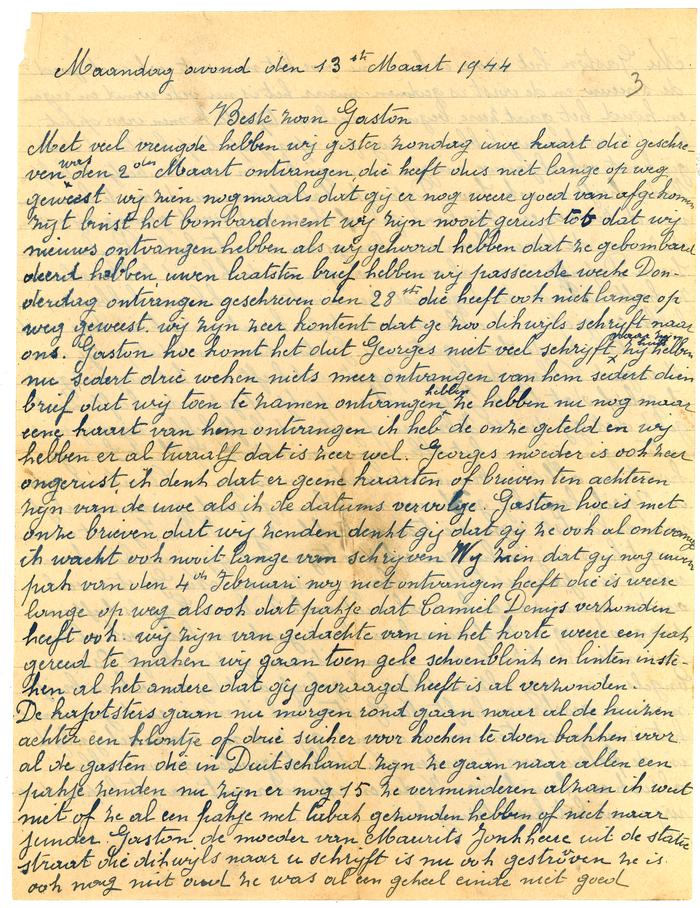 Brief van moeder Vallaey aan Gaston, Passendale 13 maart 1944