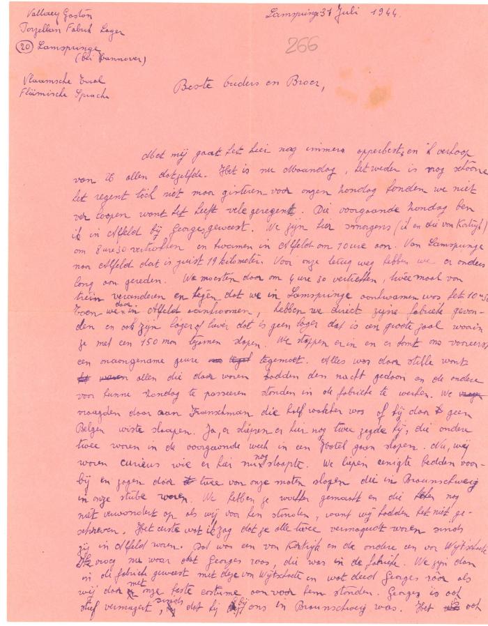 Brief van Gaston Vallaey aan ouders, Lamspringe 31 juli 1944