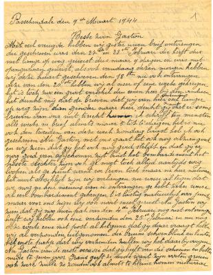 Brief van moeder Vallaey aan Gaston, Passendale 9 maart 1944