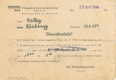 Dienstorder voor Gaston Vallaey, Braunschweig 15 april 1944