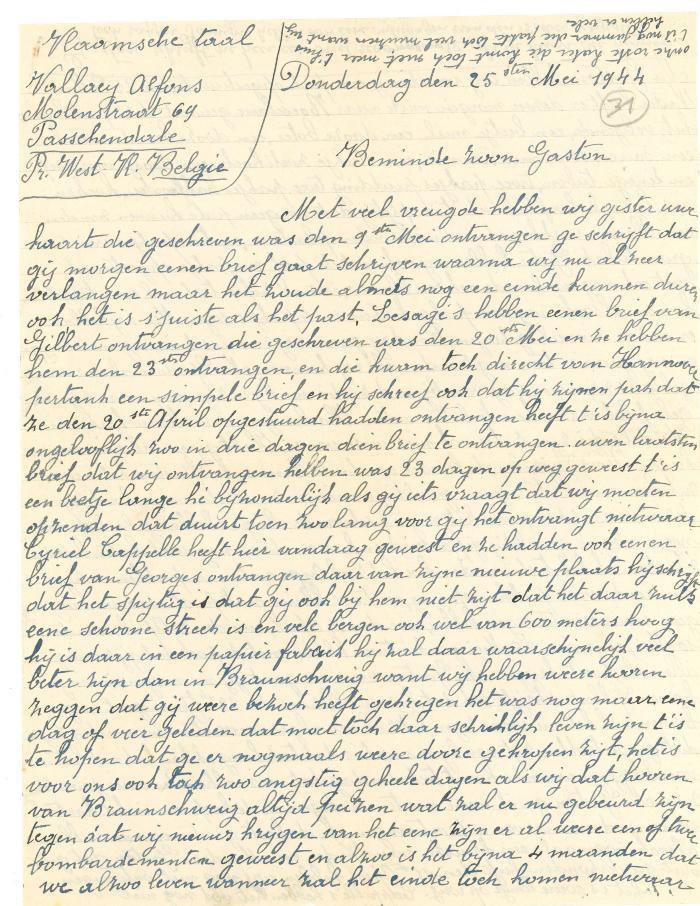Brief van moeder Vallaey aan Gaston, Passendale 25 mei 1944