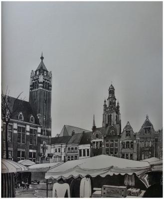 Tekening van de Grote markt tijdens de wekelijkse marktdag, Roeselare