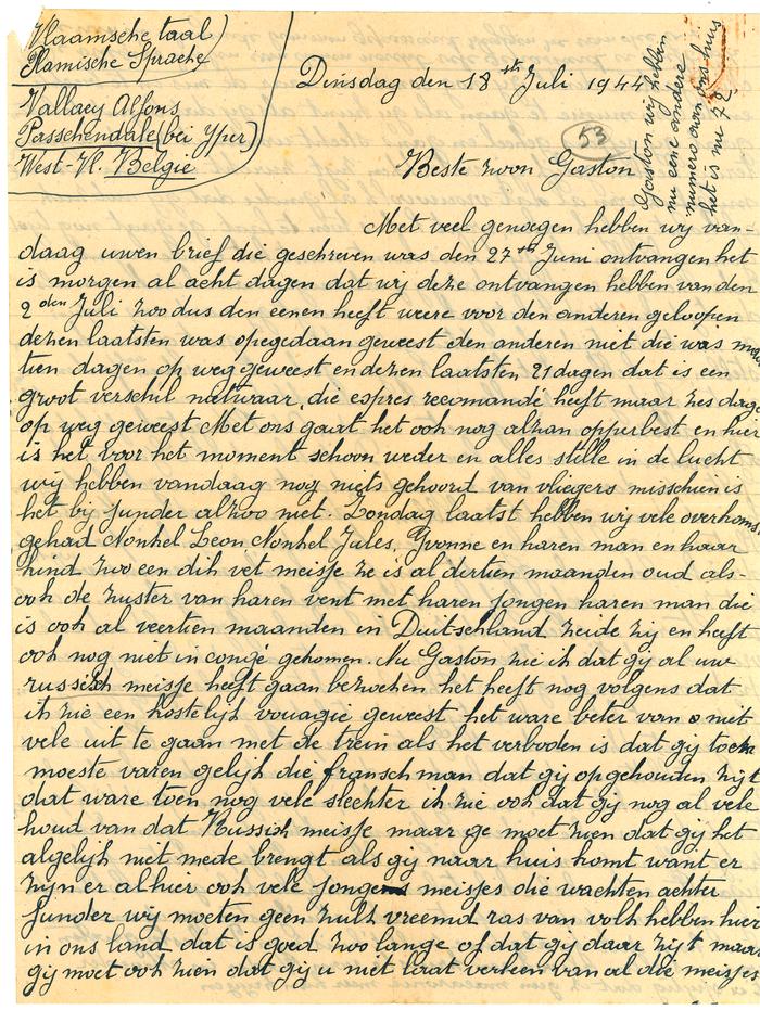 Brief van moeder Vallaey aan Gaston, Passendale 18 juli 1944