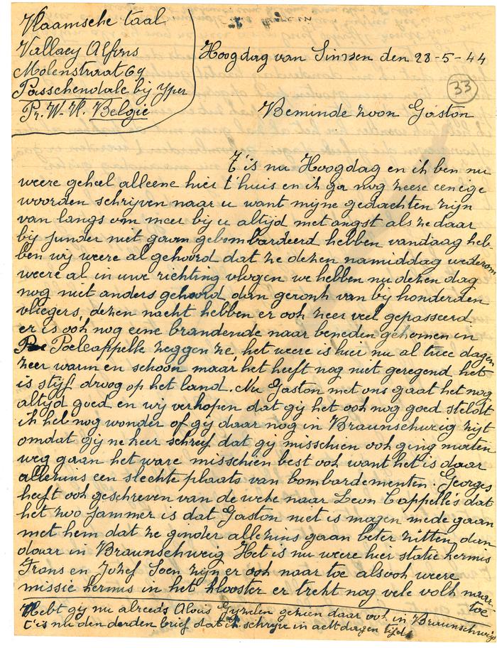 Brief van moeder Vallaey aan Gaston, Passendale 28 mei 1944