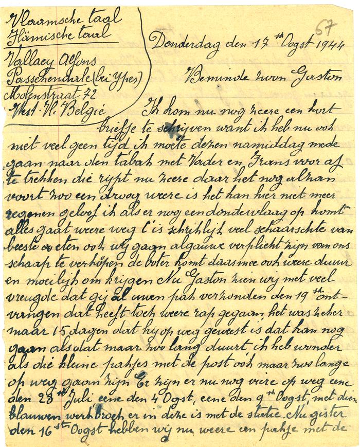 Brief van moeder Vallaey aan Gaston, Passendale 17 augustus 1944